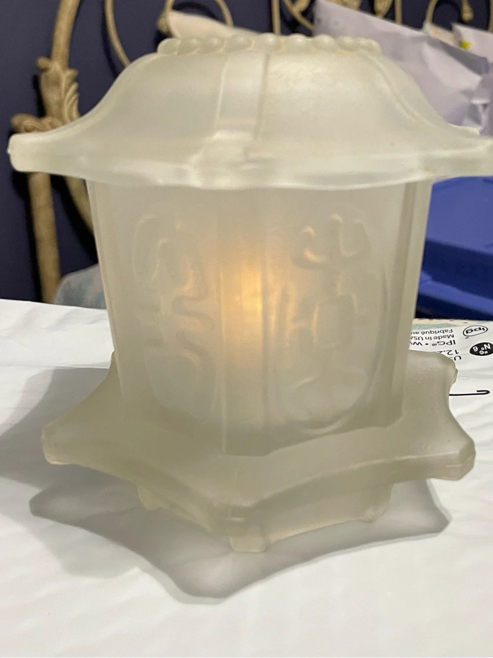 Homco Frosted Cream Glass Lantern Candle Holder with Scalloped Rim